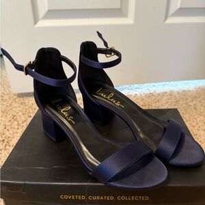 Lulu's Navy Blue Satin Heels with Ankle Strap